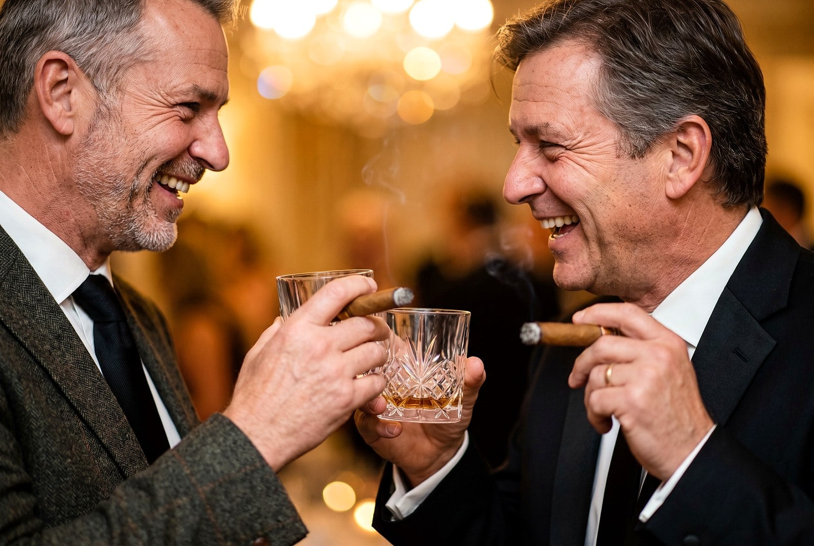 Guests toasting with whiskey and cigars